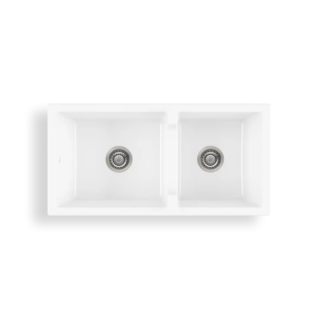 Sicily White Fireclay Farmhouse 1 &amp; 3/4 Bowl Counter Top or Undermount Sink Oliveri