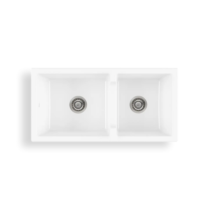 Sicily White Fireclay Farmhouse 1 &amp; 3/4 Bowl Counter Top or Undermount Sink Oliveri