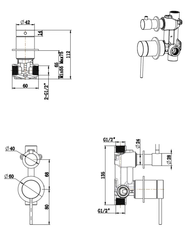 Mica Shower Mixer Diverter - 2P - TRIM KIT ONLY Bella Vista