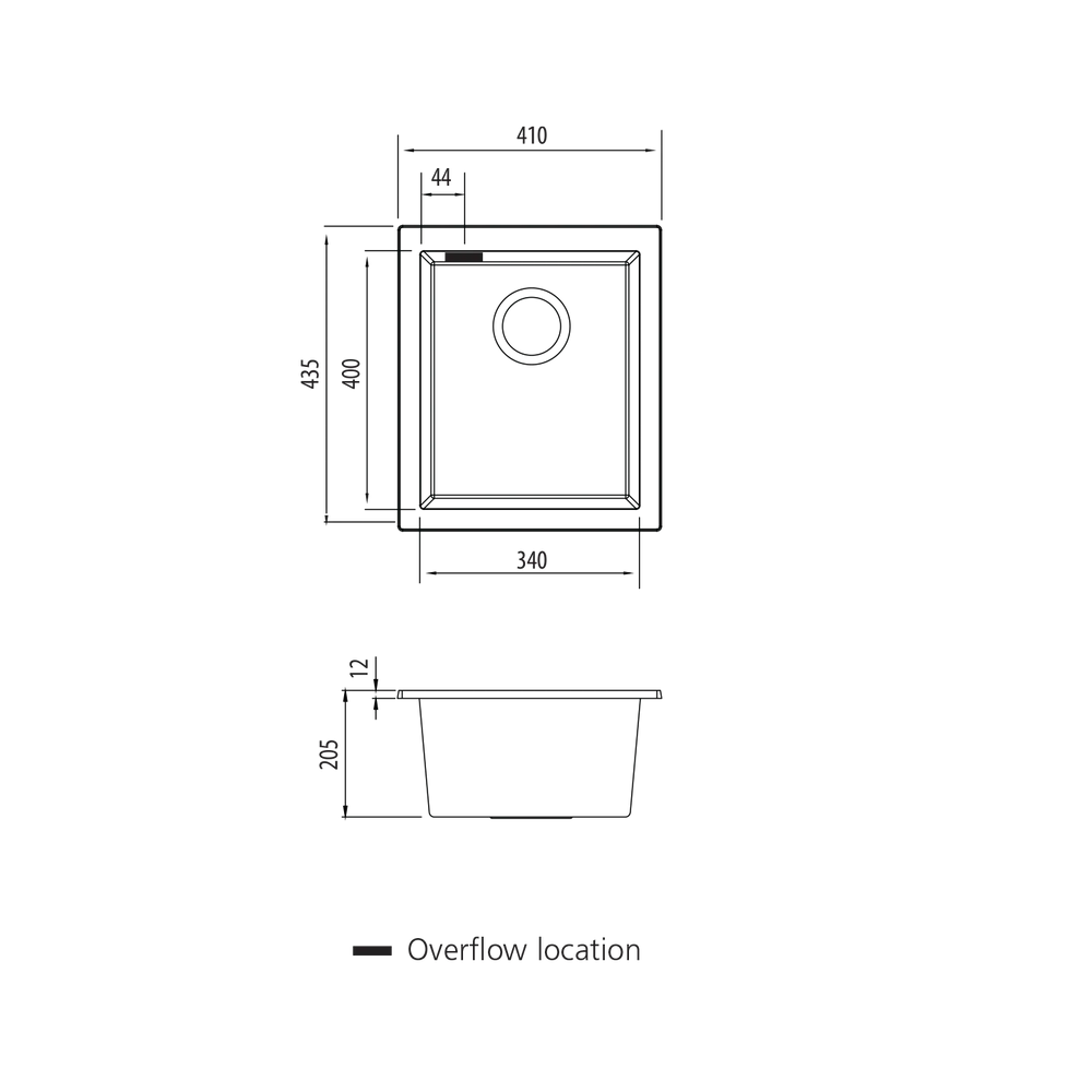 Santorini Black Standard Bowl Undermount Sink with overflow Oliveri