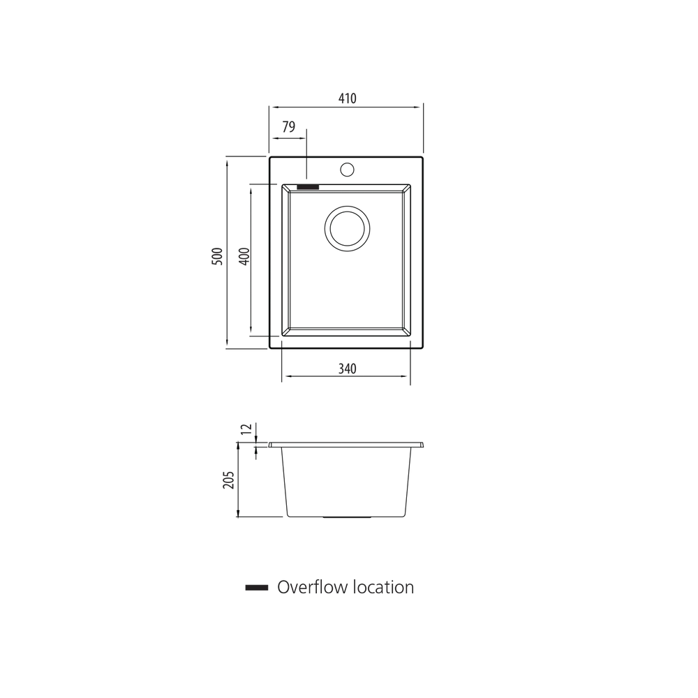 Santorini Black Standard Bowl Topmount Sink with overflow Oliveri