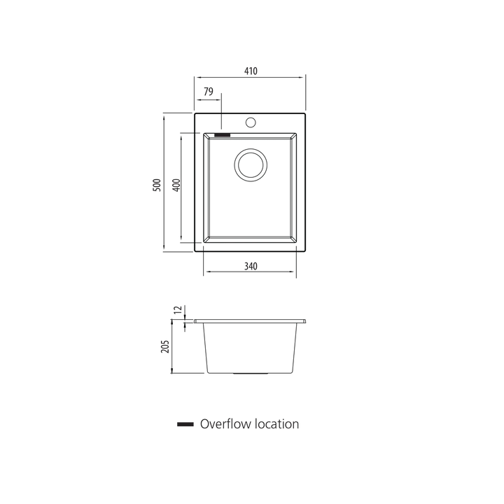 Santorini Black Standard Bowl Topmount Sink with overflow Oliveri