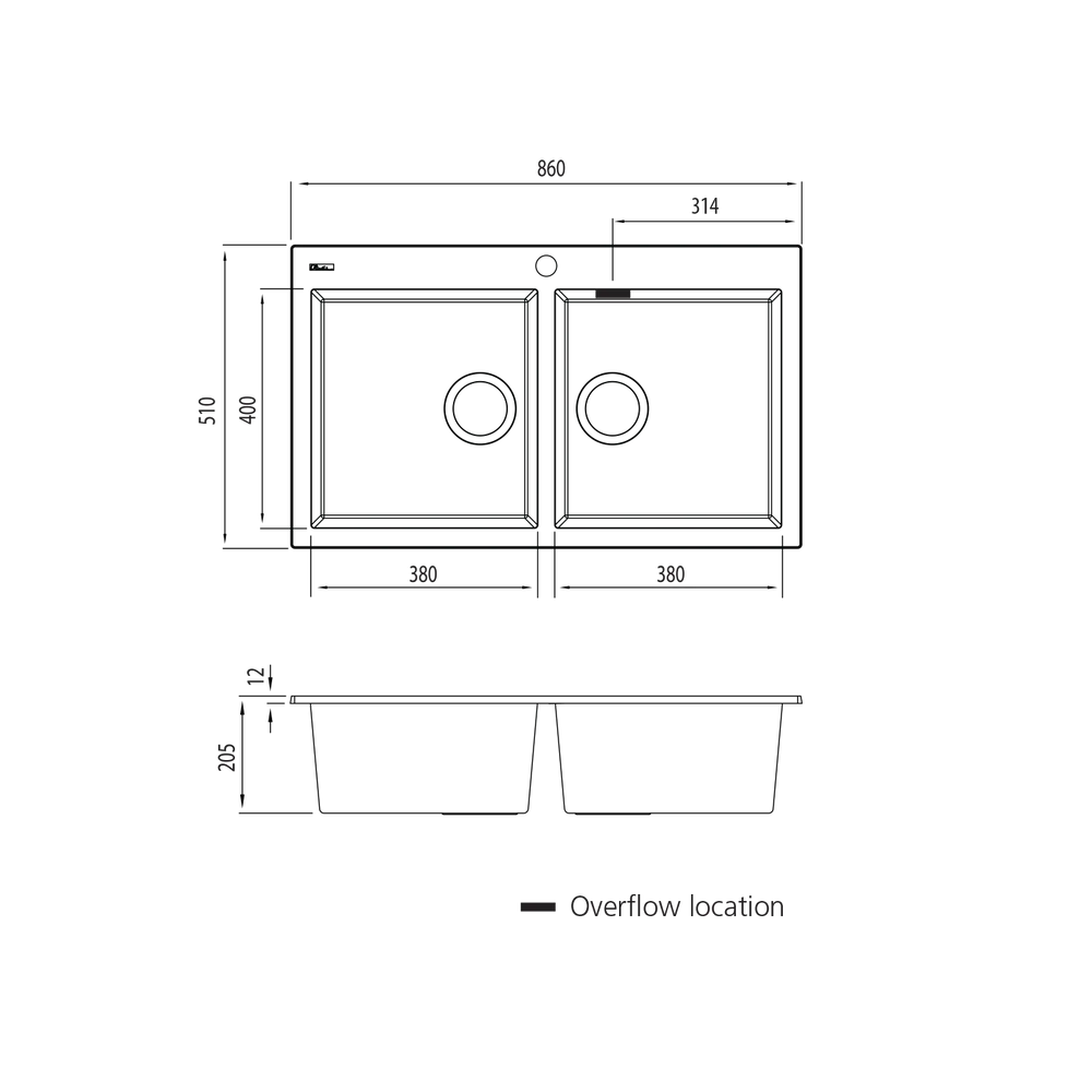 Santorini Black Double Bowl Topmount Sink with overflow Oliveri