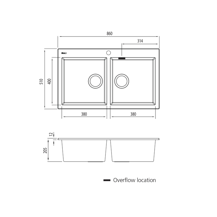 Santorini Black Double Bowl Topmount Sink with overflow Oliveri