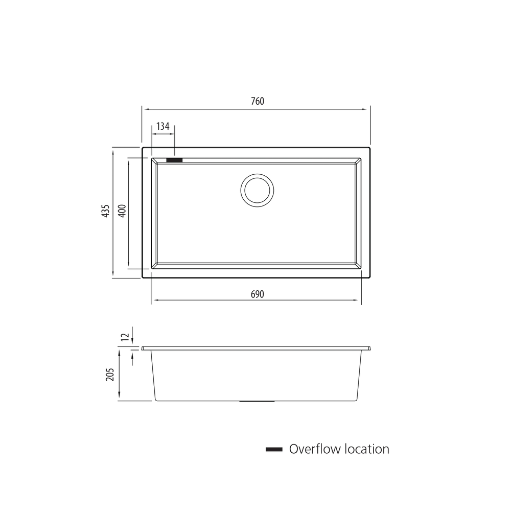 Santorini Black Mega Bowl Undermount Sink with overflow Oliveri
