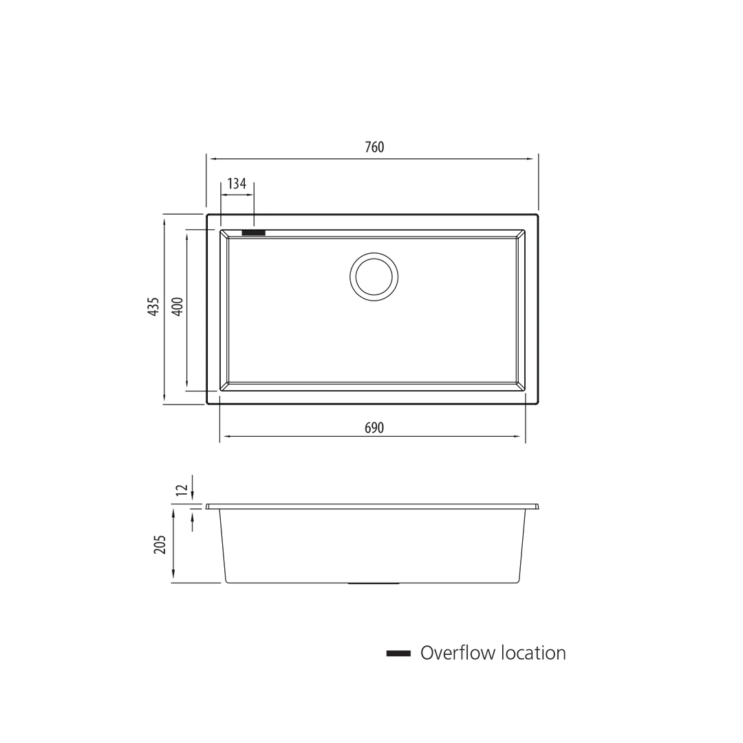 Santorini Black Mega Bowl Undermount Sink with overflow Oliveri