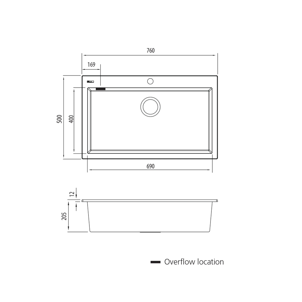 Santorini Black Mega Bowl Topmount Sink with overflow Oliveri