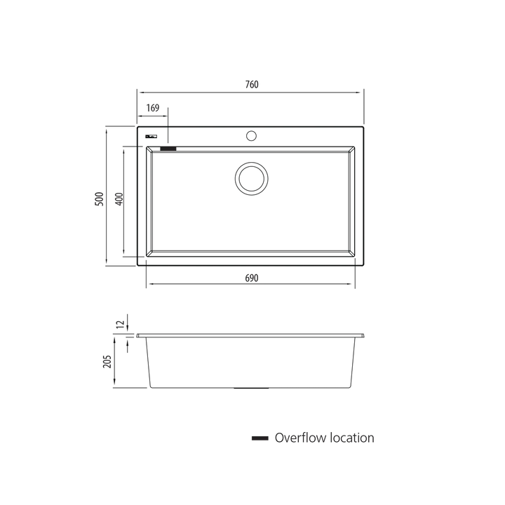 Santorini Black Mega Bowl Topmount Sink with overflow Oliveri
