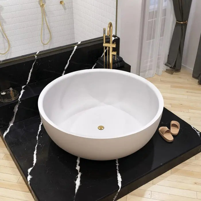 SHINTO Matte White freestanding cast Stone Bath with overflow Fienza
