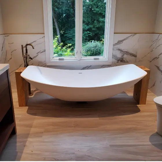 Alabaster Oasis Mark II Floating Wall Suspended Hammock Bath Solid Surface The Hammock Bath Company