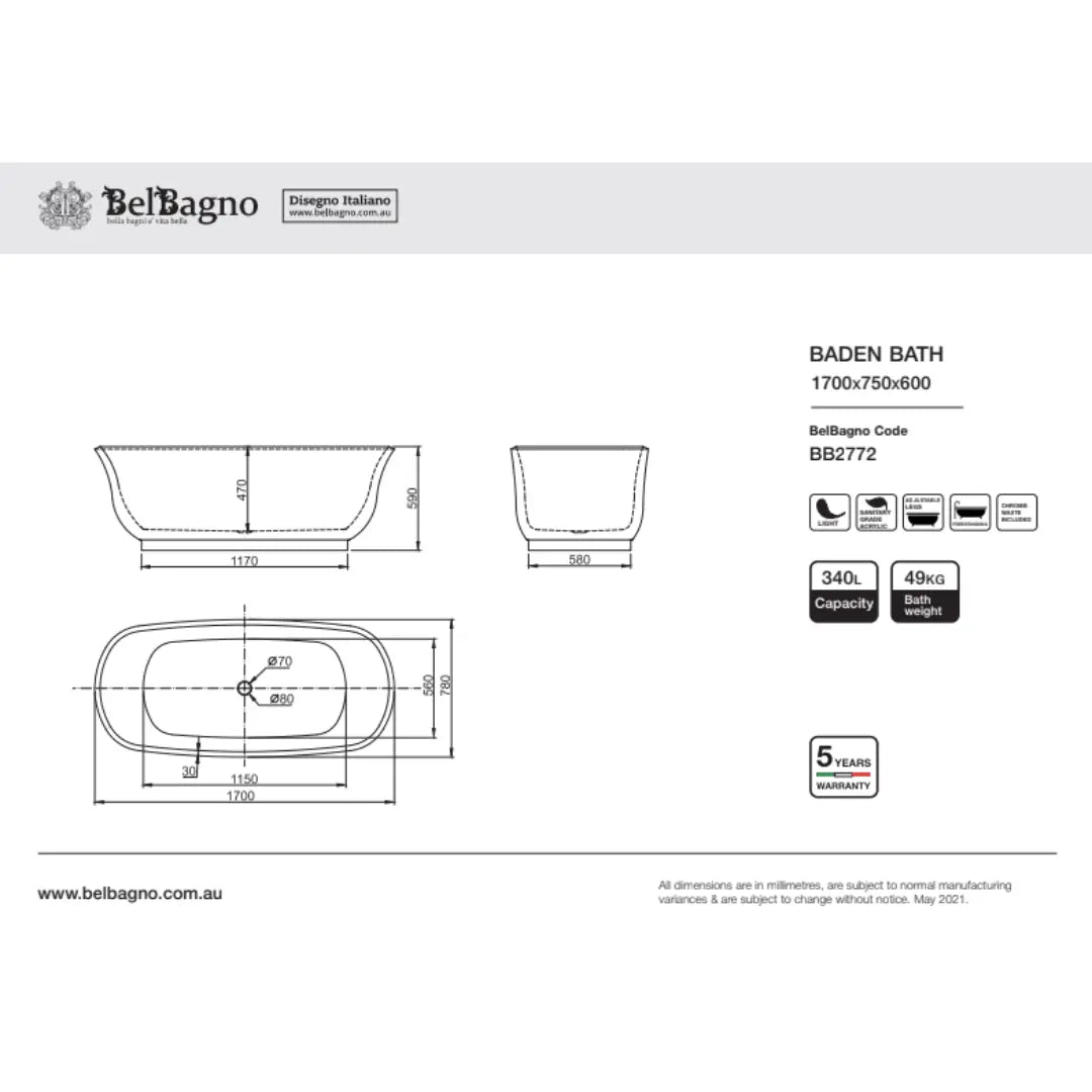 BADEN freestanding acrylic 1500mm &amp; 1700mm Bath Belbagno