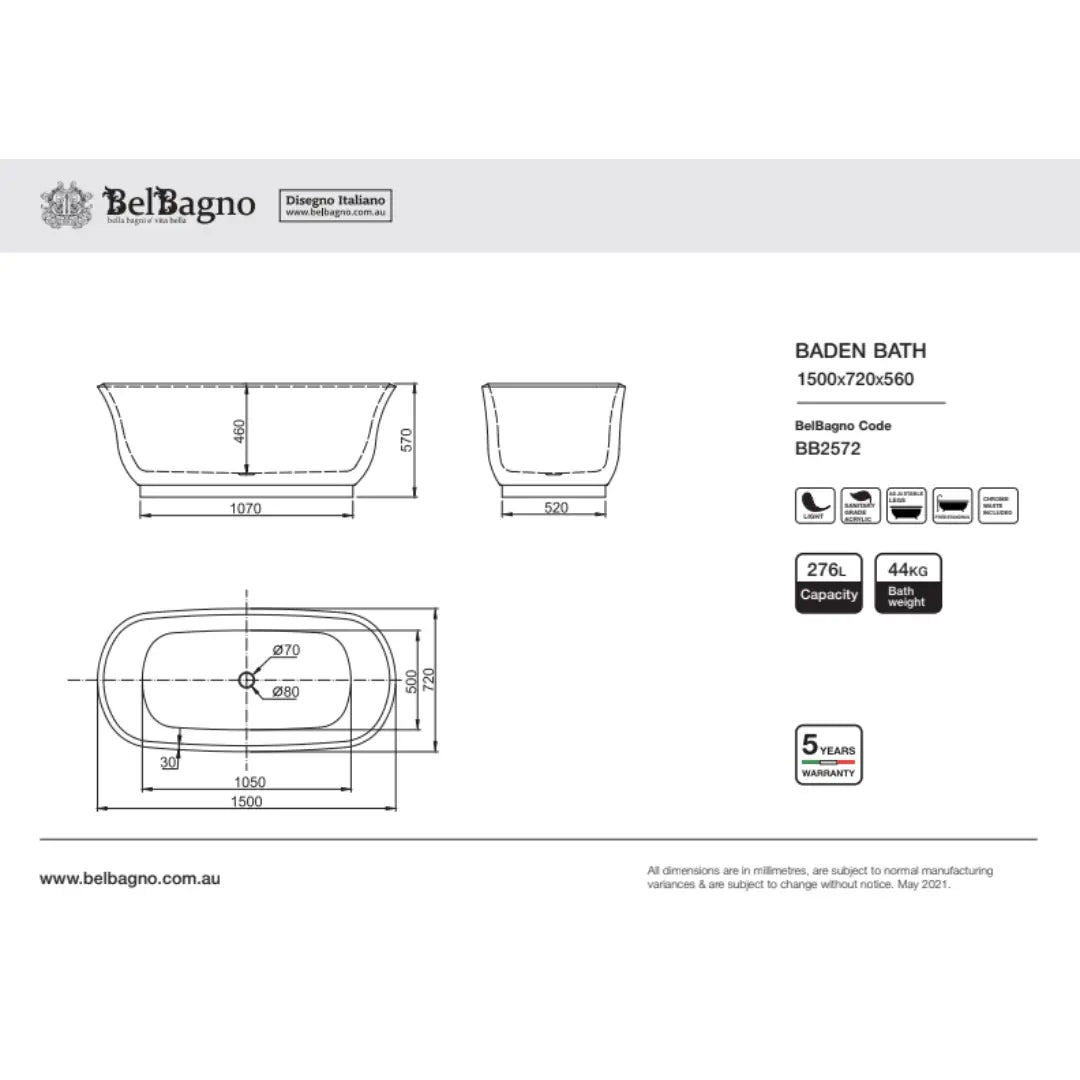 BADEN freestanding acrylic 1500mm &amp; 1700mm Bath Belbagno
