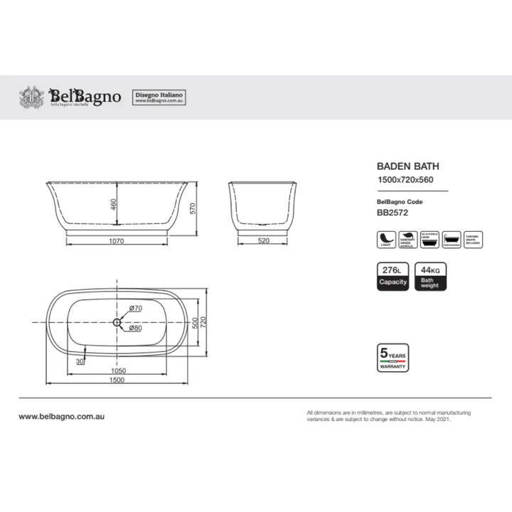 BADEN freestanding acrylic 1500mm &amp; 1700mm Bath Belbagno
