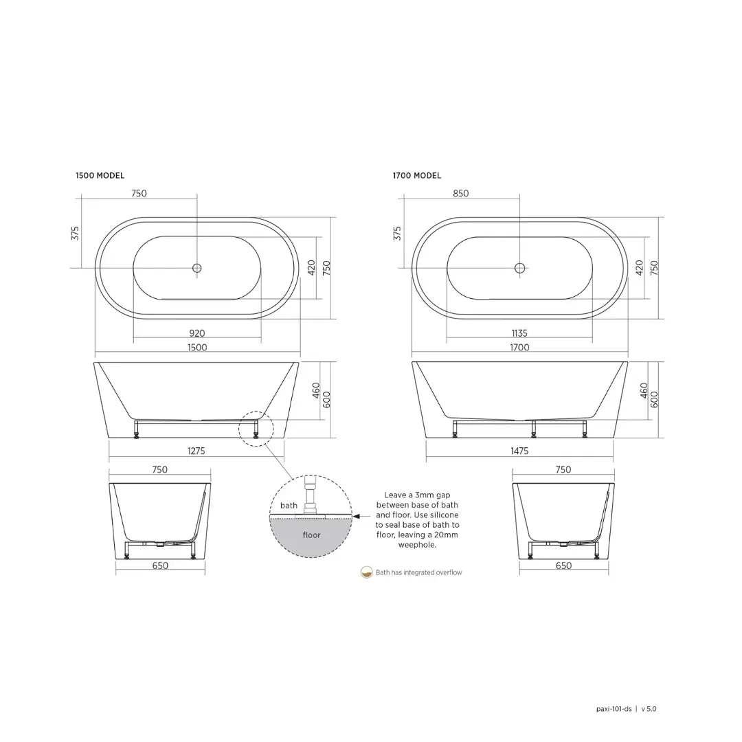 Limni 101 bath with Smartfill system with overflow - 1500 or 1700mm - acrylic Seima