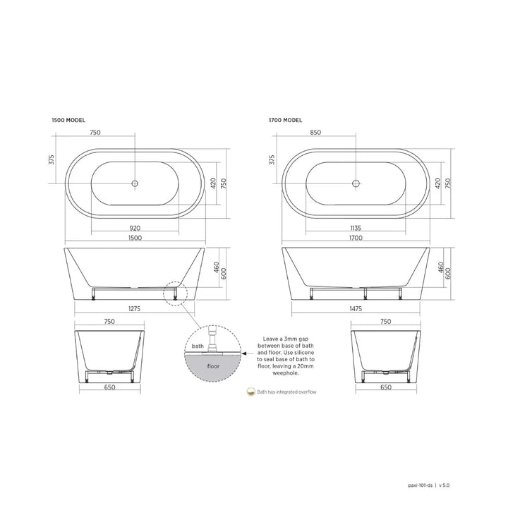 Limni 101 bath with Smartfill system with overflow - 1500 or 1700mm - acrylic Seima