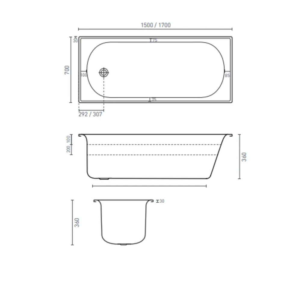 GIORGIA 1500/1700 PRESSED METAL drop in/island BATH Decina