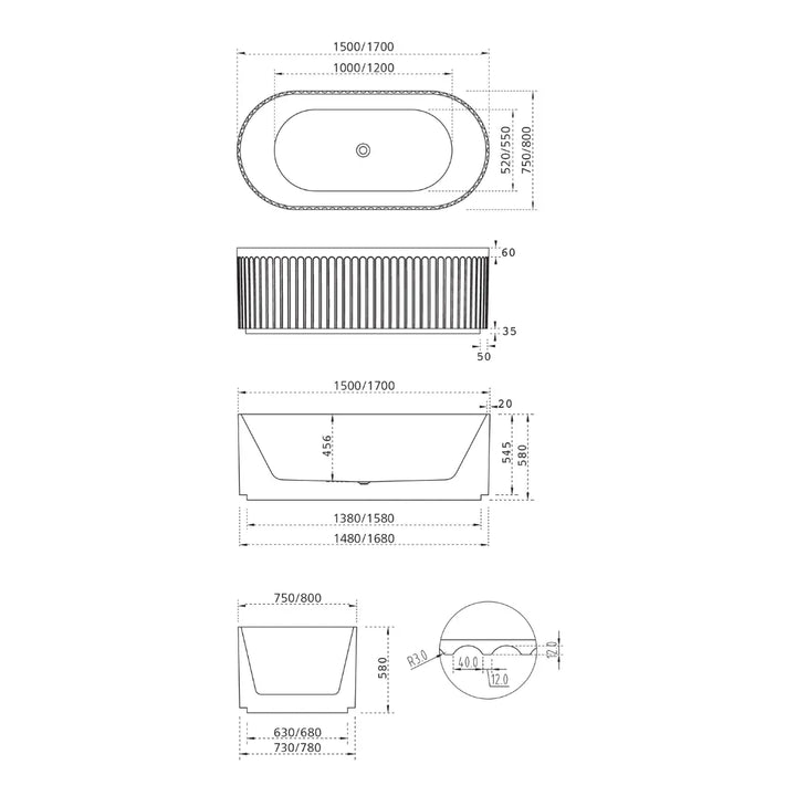 Cleo 100 Fluted Freestanding Bath - Matte White acrylic seima