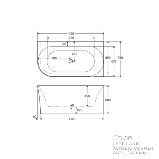 Chloe 1400mm Corner acrylic Bath Fienza