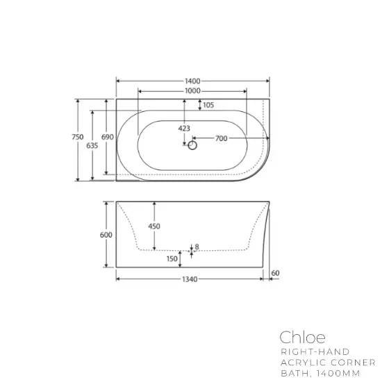 Chloe 1400mm Corner acrylic Bath Fienza