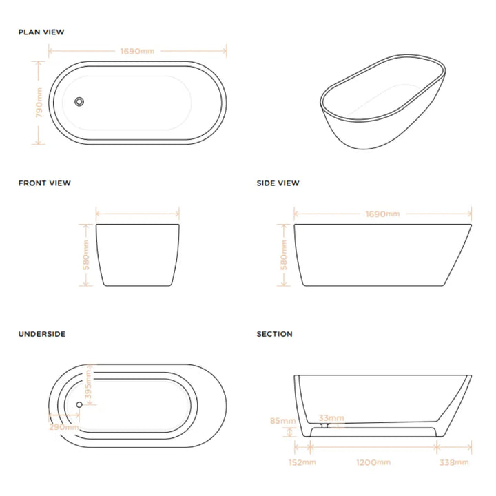 Juno Concrete Bathtub 1690mm Nood Co.