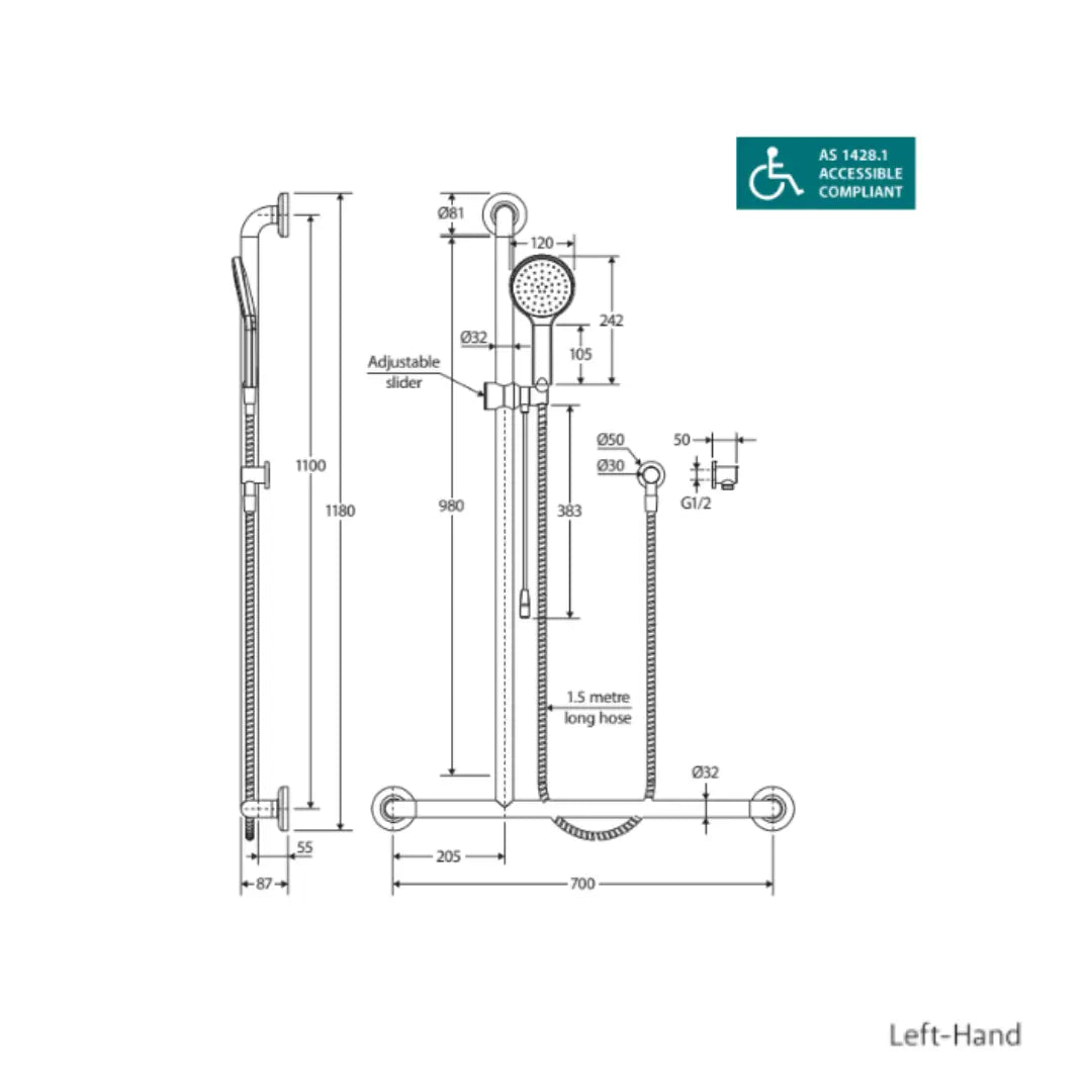 Luciana Care Inverted T Rail Shower with Push/Pull Slider LH or RH Fienza