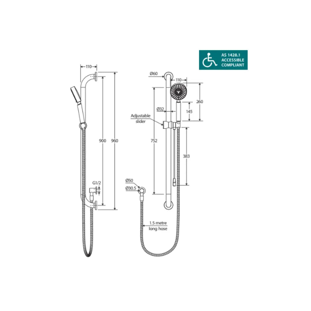 Stella Care Rail Shower with Push/Pull Slider Fienza