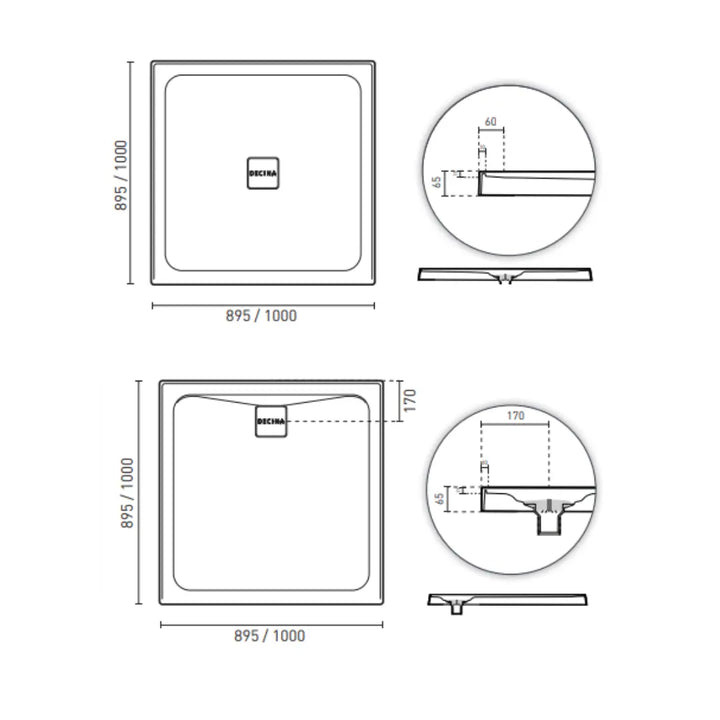 LUNA 900/1000 CENTRE OR REAR WASTE SHOWER BASE Decina