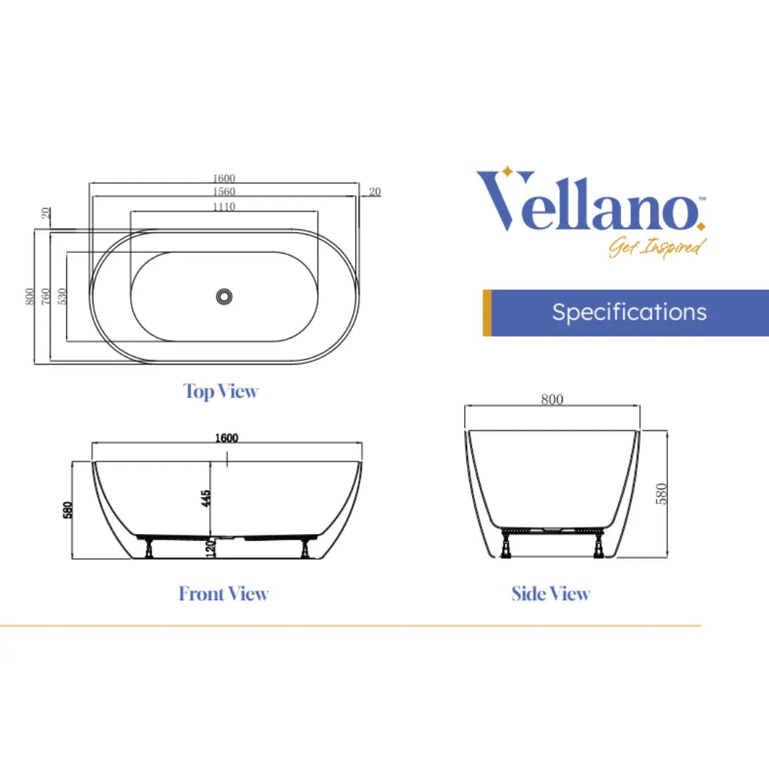 Polino 1600 Freestanding acrylic Bath Matte White Vellano