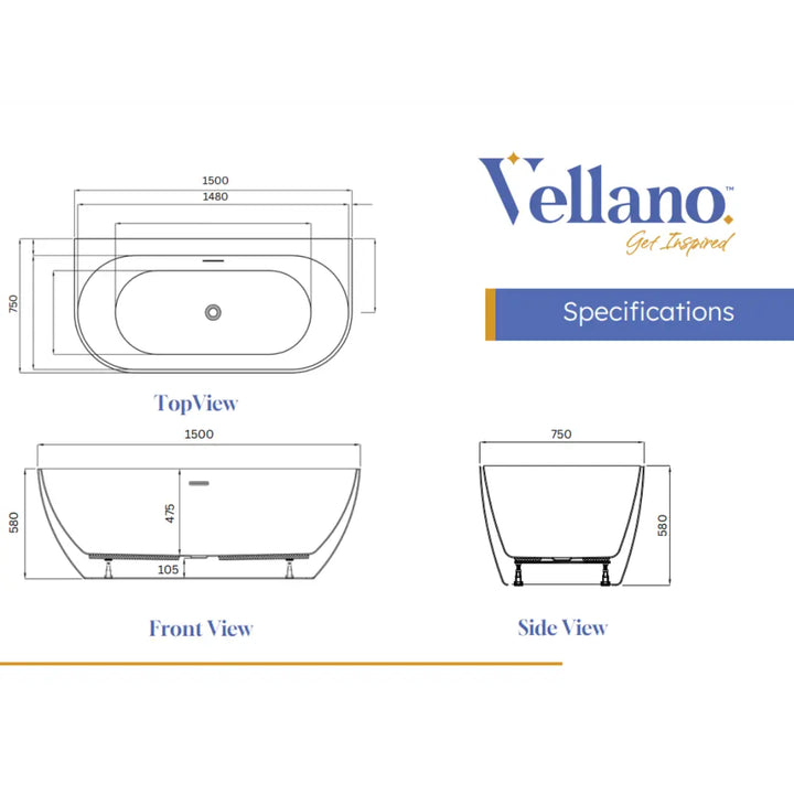 Polino 1500 Back To Wall Freestanding Bath Matte White Vellano