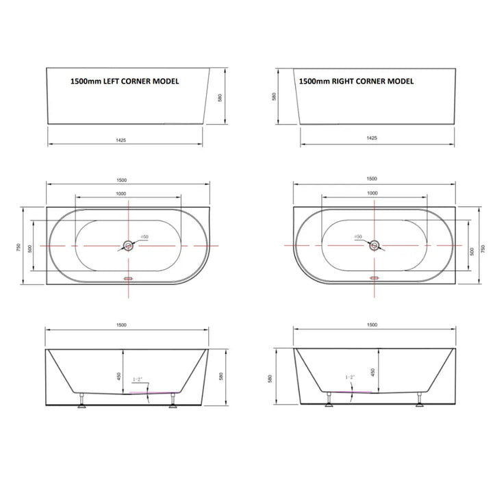 Cirna 1500 / 1700mm ACRYLIC CORNER FREESTANDING BATH with overflow - matte white Millennium