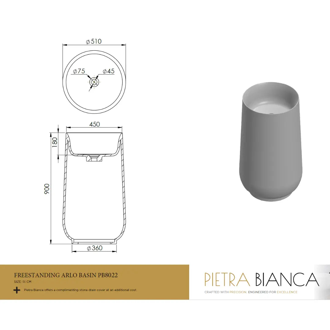 Arlo Freestanding Pedestal Basin - various finishes PIETRA BIANCA