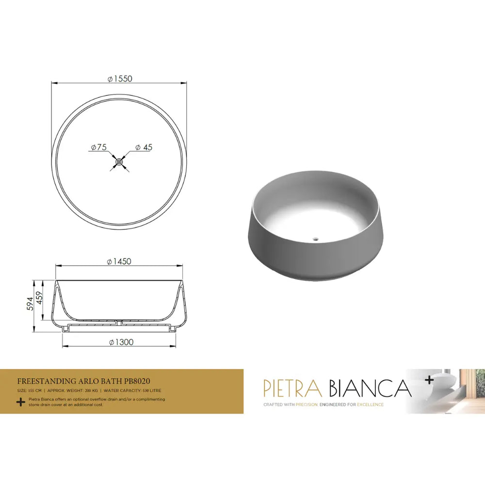 Arlo Round Freestanding Cast Stone Bath 1550mm - various finishes PIETRA BIANCA