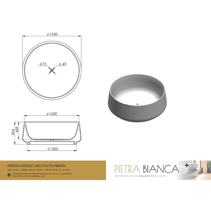 Arlo Round Freestanding Cast Stone Bath 1550mm - various finishes PIETRA BIANCA