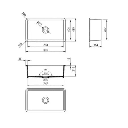 Cuisine 81 x 48 Inset / Undermount Fine Fireclay Matte Black Sink Turner Hastings