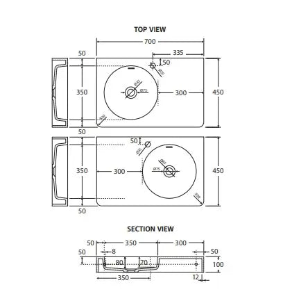 Encanto 700 Solid Surface Wall Basin, No Tap Hole, Right-Hand Bowl Fienza