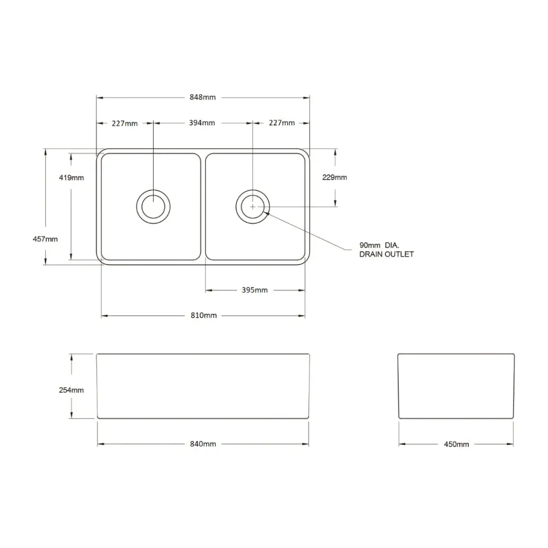 Novi 85 x 46 Fine Fireclay Concrete Look Butler Sink overflow optional Turner Hastings