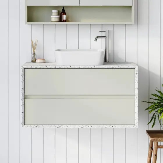 Embrace Vanity with silk surface surround and above counter basin Timberline