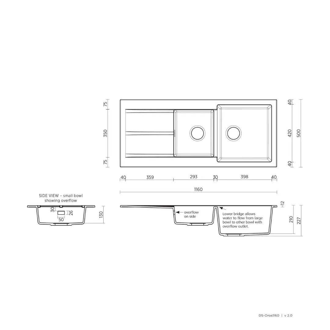 Oros 1160 Arqstone Sink Black or White with overflow Seima