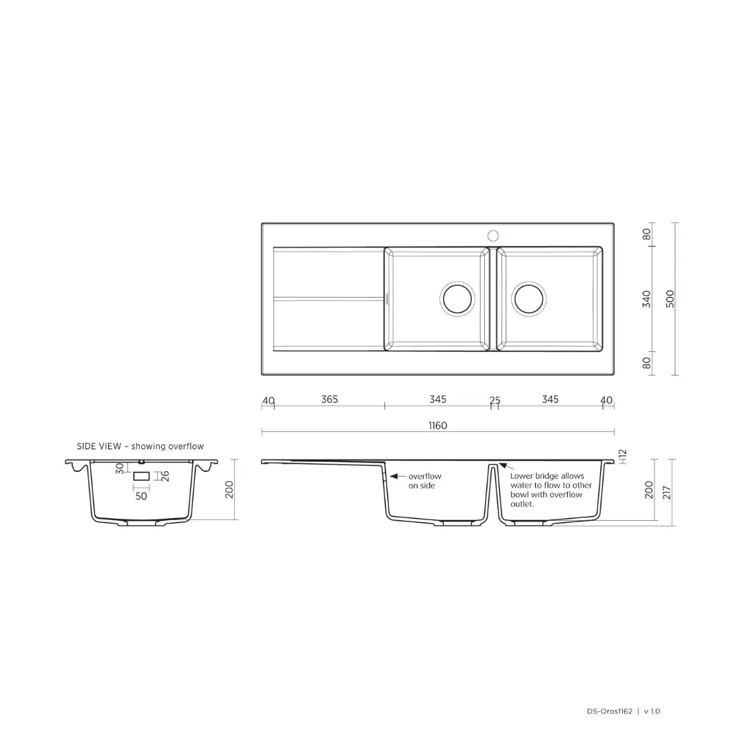 Oros 1162 Arqstone Double Bowl Sink Black or White with overflow Seima