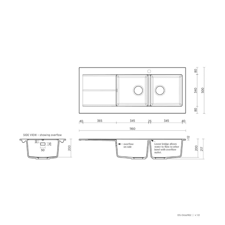 Oros 1162 Arqstone Double Bowl Sink Black or White with overflow Seima