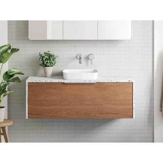 Ainsworth Vanity with silk surface waterfall top and above counter basin Timberline