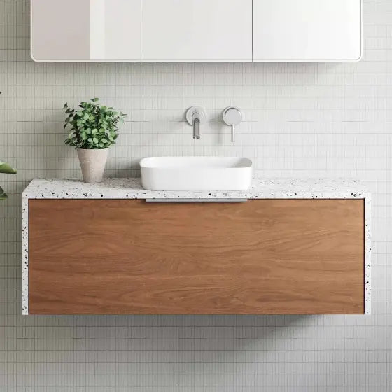 Ainsworth Vanity with silk surface waterfall top and above counter basin Timberline
