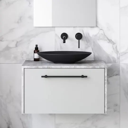 Ainsworth Vanity with silk surface waterfall top and above counter basin Timberline