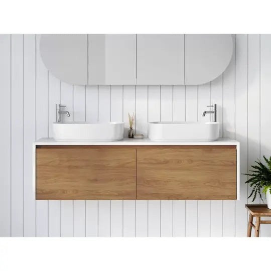 Ainsworth Vanity with silk surface waterfall top and above counter basin Timberline