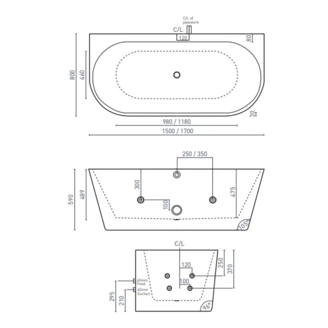 ALEGRA 1500/1700 CONTOUR BACK-TO-WALL ACRYLIC FREESTANDING SPA BATH with overflow Decina