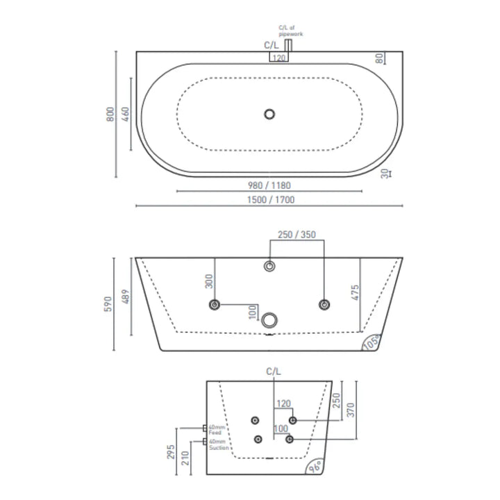 ALEGRA 1500/1700 CONTOUR BACK-TO-WALL ACRYLIC FREESTANDING SPA BATH with overflow Decina