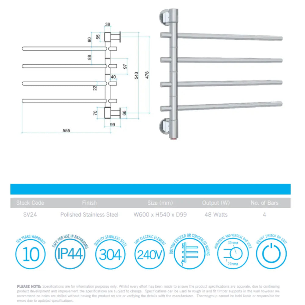 Straight Round Swivel Heated/Non Heated Towel Rail Thermogroup