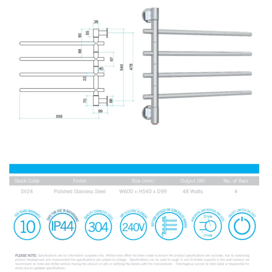 Straight Round Swivel Heated/Non Heated Towel Rail Thermogroup