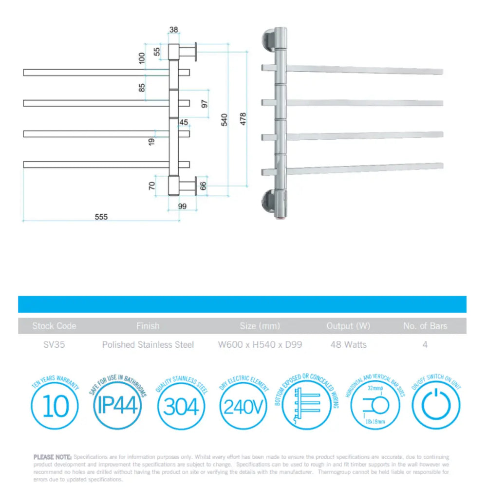 Straight Square Swivel Heated/Non Heated Towel Rail Thermogroup