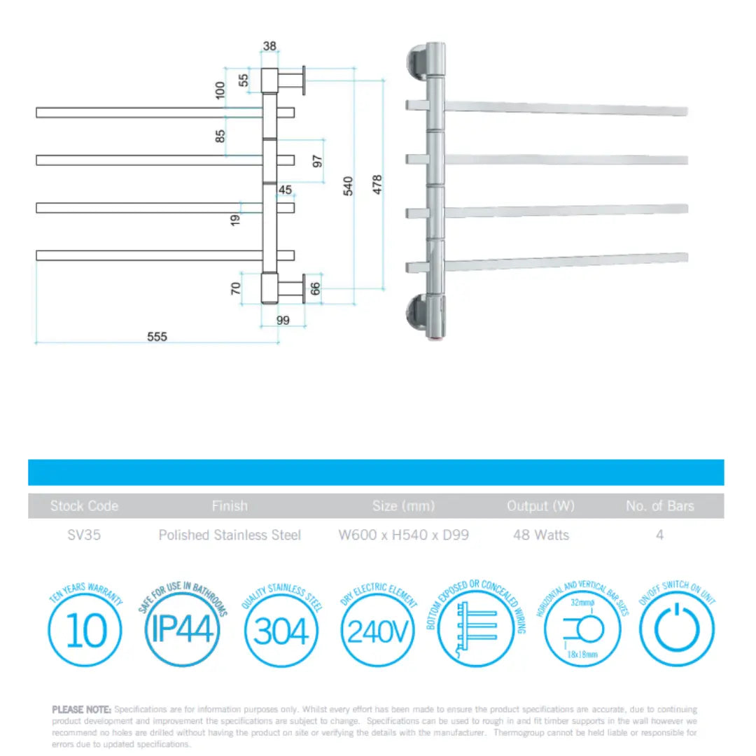 Straight Square Swivel Heated/Non Heated Towel Rail Thermogroup